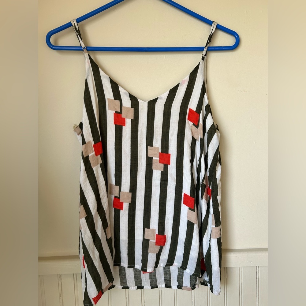 Entro Olive and White Striped Camisole with Red Accents